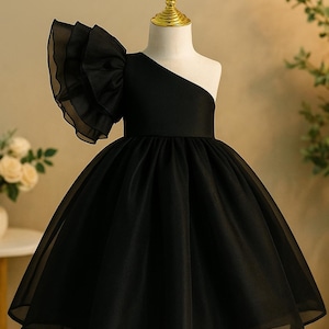 Black One Shoulder Baby Girl Dress | Ruffle Sleeve Birthday Dress | Luxury Toddler Party Dress | Boutique Formal Dress for Girls