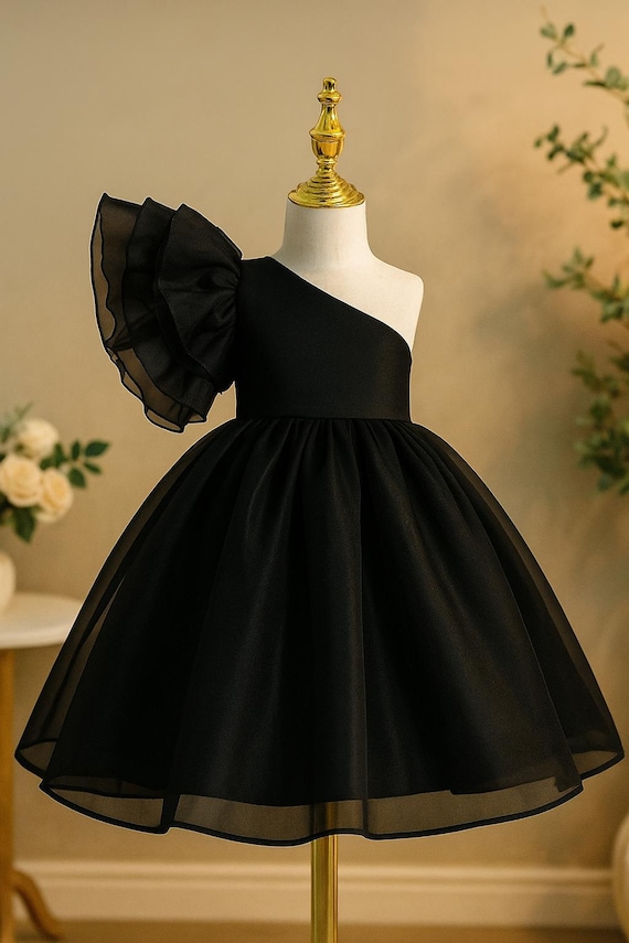 Black One Shoulder Baby Girl Dress | Ruffle Sleeve Birthday Dress | Luxury  Toddler Party Dress | Boutique Formal Dress for Girls - Etsy