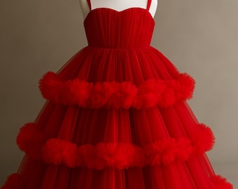 Vestido de tul rojo para niña / Vestido de cumpleaños / Vestido para sesión de fotos / Vestido formal para ocasiones especiales / Traje de fiesta para niña pequeña / Vestido de tul abullonado