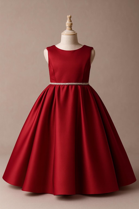Classic Red Satin Flower Girl Dress With Rhinestone Belt, Sleeveless Wedding Party Junior Bridesmaid Pageant Gown - Etsy Classic Red Satin Flower Girl Dress With Rhinestone Belt, Sleeveless Wedding Party Junior Bridesmaid Pageant Gown - Etsy