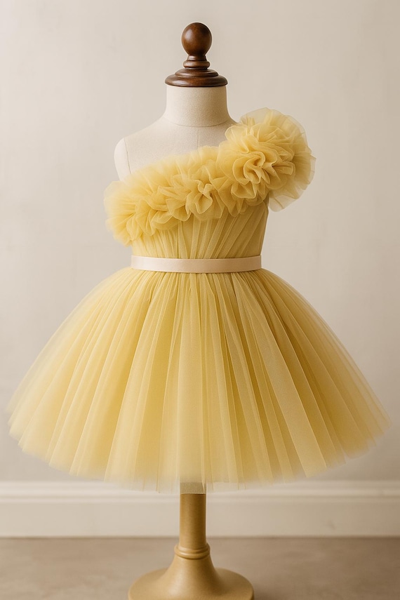 Golden One Shoulder Tulle Dress for Girls - Floral Ruffle Kids Party Dress  - Toddler Photo Shoot Outfit - Little Girl Fairy Dress - Pageant - Etsy