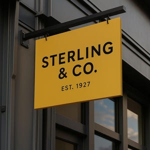 Könnte beinhalten: Ein rechteckiges gelbes Schild mit schwarzem Text "STERLING & CO. EST. 1927" hängt an einer schwarzen Metallhalterung. Das Schild ist an einer dunkelgrauen Gebäudefassade mit Fenstern angebracht.