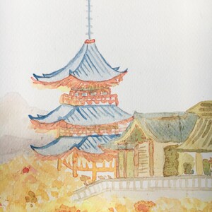 Paisaje japonés, otoño en Kioto - pintura de acuarela original, Japón, otoño, templo