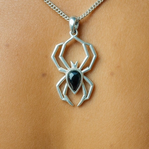 Sterling Silver Spider Pendant Necklace: Black Onyx Gothic Jewelry