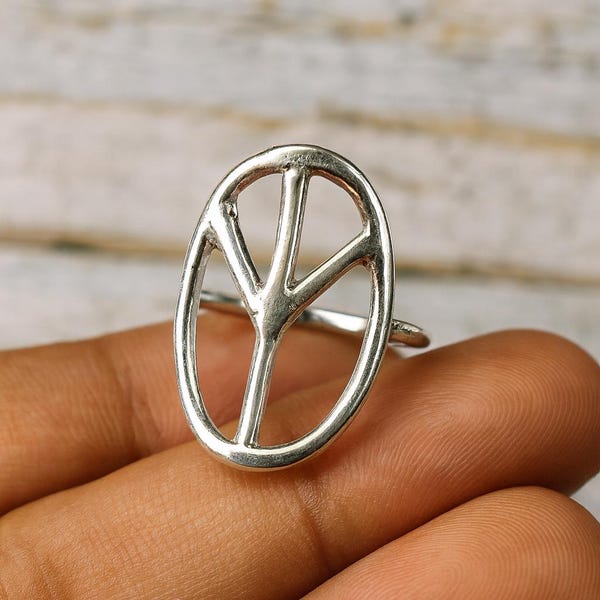 Sterling Silver Peace Symbol Ring, Tree of Life Style Band, Boho Jewelry