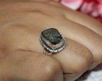 Raw Moldavite Sterling Silver Ring: Boho Crystal Statement Jewelry