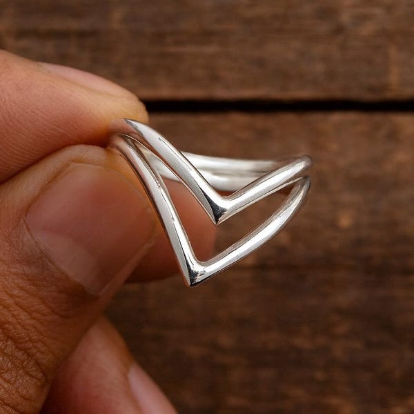 925 Sterling Silver Double Chevron Ring: Minimalist V-Shape Stacking Jewelry
