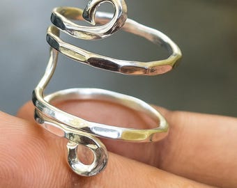 Sterling Silver Spiral Ring: Adjustable Boho Wrap Band