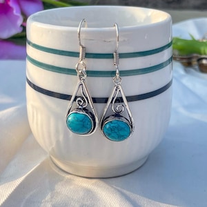 Sterling Silver Turquoise Drop Earrings: Oval Gemstone Jewelry