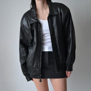 Vintage Black Leather Bomber Jacket 90s Oversized Genuine Leather Jacket Outerwear Gift For Here Ladies Soft Leather Jacket Fast Shipping