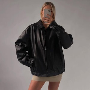 Handmade Black Lambskin Leather Bomber Jacket: Women&#39;s Oversize Casual Coat
