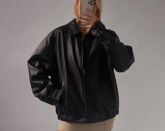 Handmade Black Lambskin Leather Bomber Jacket: Women's Oversize Casual Coat