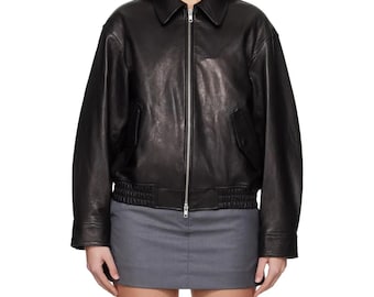 Damesjas vintage jaren 90 zwart echt leren jas oversized pasvorm cadeau voor haar