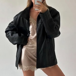 Vintage Black Leather Bomber Jacket 90s Oversized Genuine Leather Jacket  Outerwear Gift For Here Ladies Soft Leather Jacket