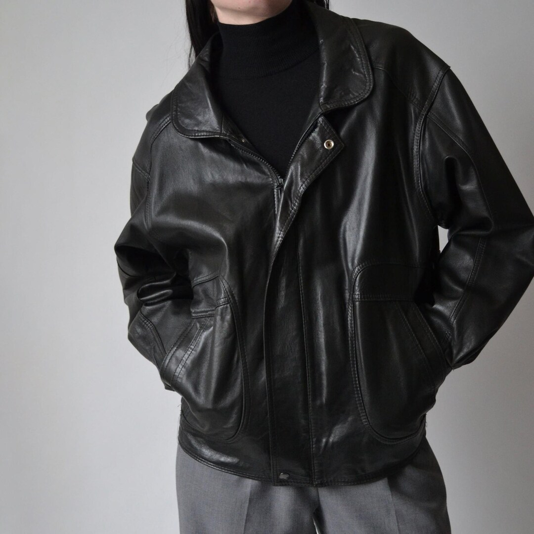 Vintage 90s Black Leather Jacket: Oversized Genuine Leather