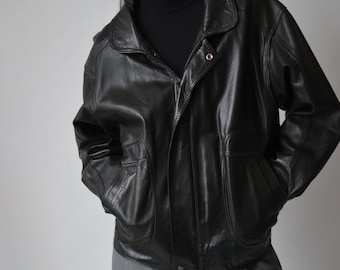 Vintage 90s Black Leather Jacket: Oversized Genuine Leather Outerwear