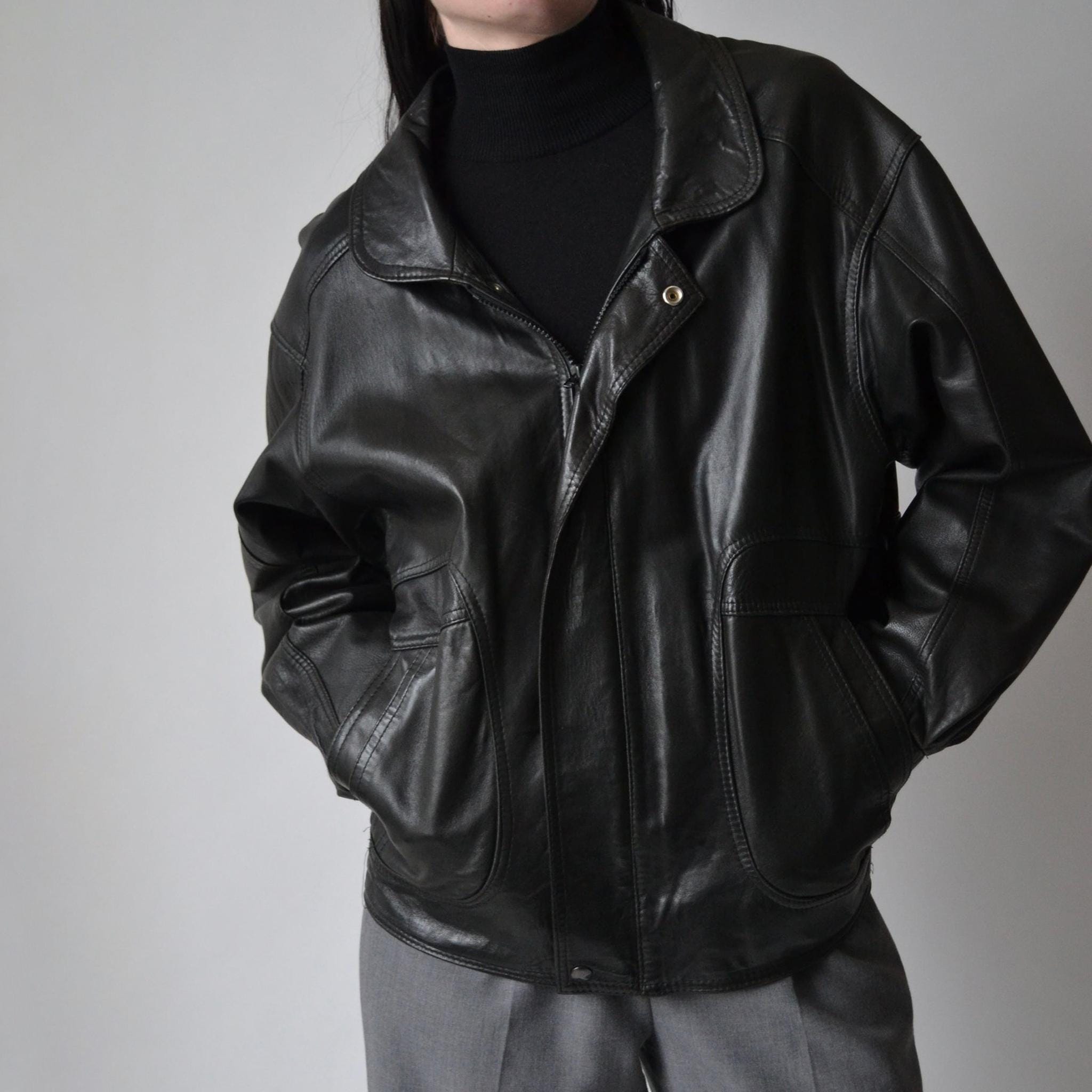 Vintage 90s Black Leather Jacket: Oversized Genuine Leather