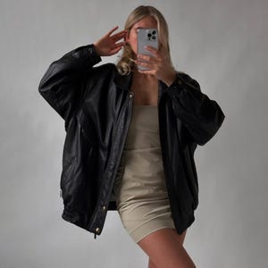 Vintage Black Leather Bomber Jacket 90s Oversized Genuine Leather Jacket  Outerwear Gift For Here Ladies Soft Leather Jacket