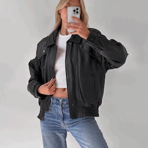 Oversized Black Leather Bomber Jacket: 80s 90s Retro Style
