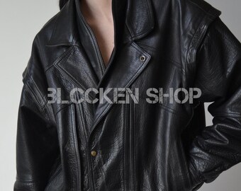 Vintage 90s Oversized Biker Leather Jacket: Genuine Soft Leather