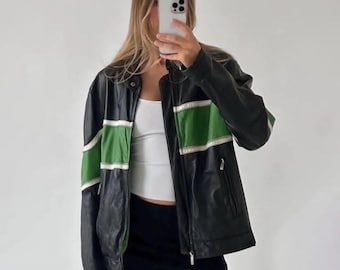 Vintage zwart leren bomberjack: oversized echt leer uit de jaren 90