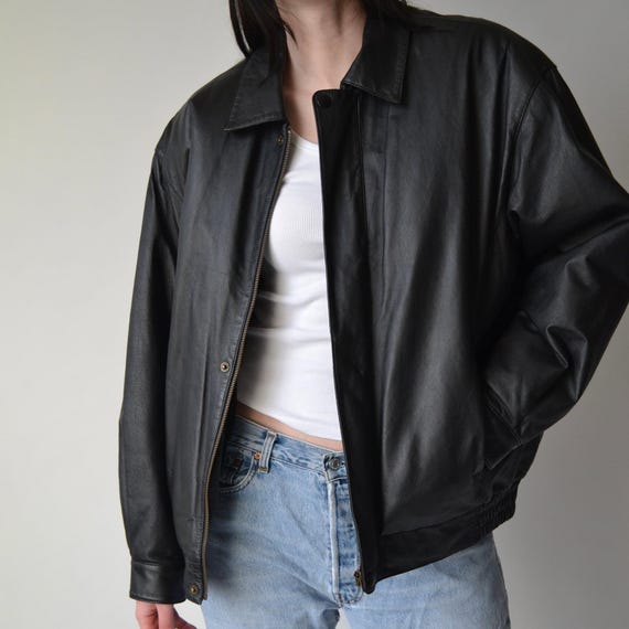 Vintage 90er Jahre Schwarze Leder Bomberjacke: Oversized Echtleder