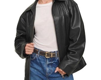 Damesjas vintage jaren 90 zwart echt leren jas oversized pasvorm cadeau voor haar