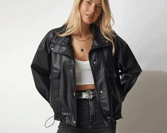 Women's Black Genuine Sheepskin Leather Jacket: Boxy Style with YKK Zipper