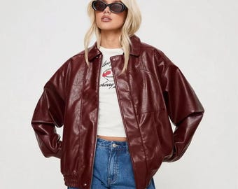 1980s Oversized Retro Real Burgundy Leather Jacket: Vintage Boxy Fit