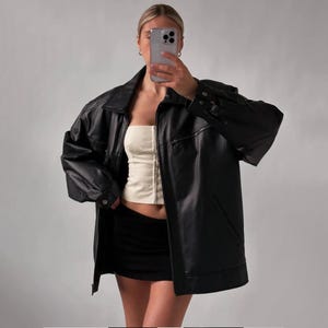 Vintage Black Leather Jacket 90s Oversized Genuine Leather Jacket Outerwear Gift For Here Ladies Soft Leather Jacket Fast Shipping
