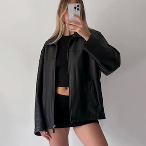 Vintage Black Leather Jacket 90s Oversized Genuine Leather Jacket Outerwear Gift For Here Ladies Soft Leather Jacket Fast Shipping