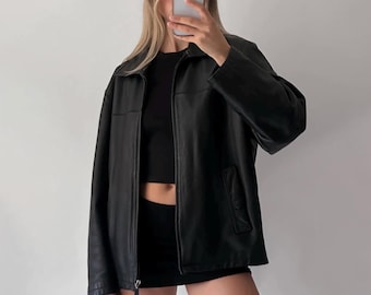 Vintage zwart echt leren jack uit de jaren 90: oversized pasvorm