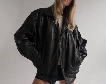 Vintage Black Leather Bomber Jacket: 90s Oversized Genuine Leather