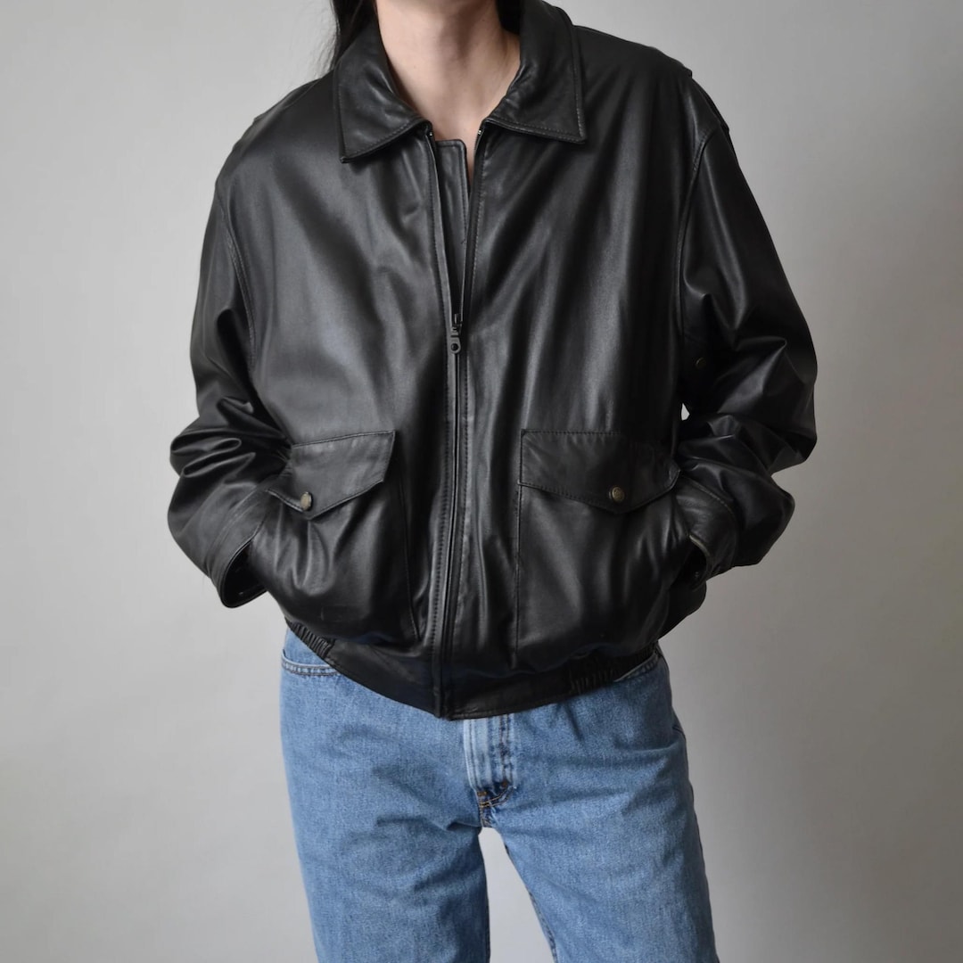 Vintage 90s Black Leather Bomber Jacket: Oversized Genuine Leather