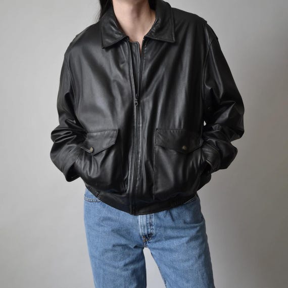 Vintage 90s Black Leather Bomber Jacket: Oversized Genuine Leather