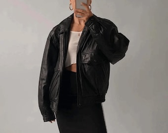 1980s Oversized Black Leather Jacket: Vintage Women's Plus Size