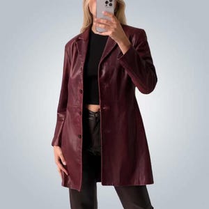 Vintage Burgundy Leather Trench Coat: 1990s Classic Maroon Long Coat