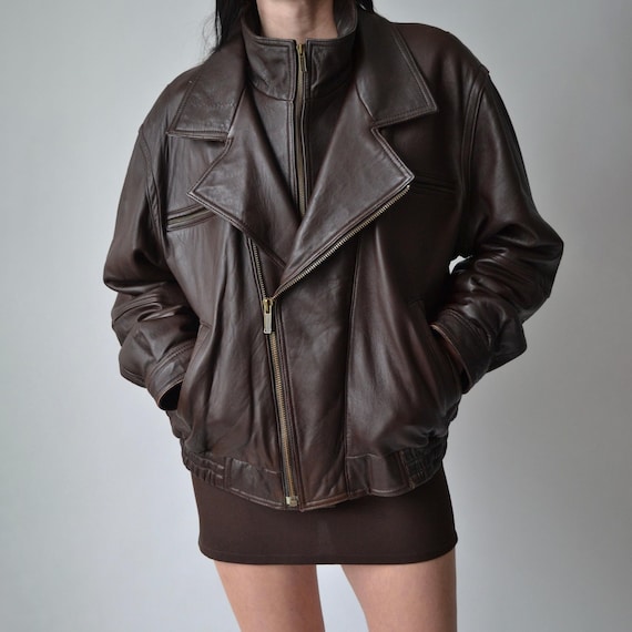 90年代ヴィンテージブラウンレザーバイカージャケット：オーバーサイズ