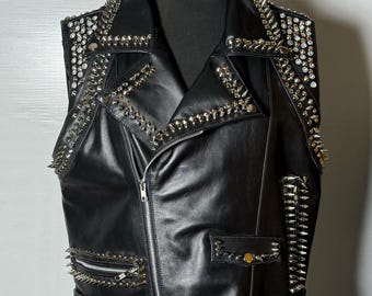 Studded Black Leather Vest: Punk Gothic Spiked Biker Vest