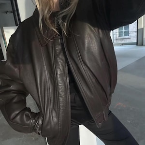 Women Classic 90s Retro brown Leather Bomber jacket, Oversized Straight Cut Sheep Leather Jacket. Ladies Leather jacket, Soft bomber Jacket