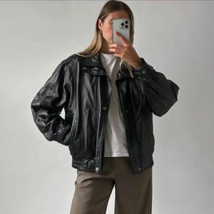 Vintage Black Leather Jacket 90s Oversized Genuine Leather Jacket Outerwear Gift For Here Ladies Soft Leather Jacket Fast Shipping