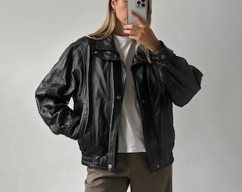 Vintage zwart echt leren jack uit de jaren 90: oversized pasvorm