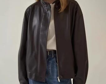 Women Oversized Jacket Genuine Leather Outerwear Gift For Her