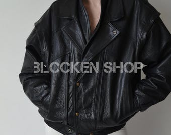 Vintage 90s Oversized Biker Leather Jacket: Genuine Soft Leather
