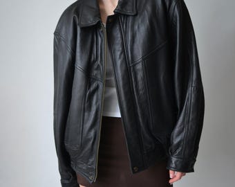 Vintage zwart echt leren jack uit de jaren 90: oversized pasvorm