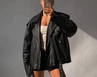 Women's Black Sheepskin Leather Biker Jacket: Oversized Streetwear