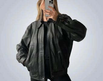 Oversized Sheepskin Leather Bomber Jacket: Women's Black Genuine Leather