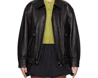Damesjas vintage jaren 90 zwart echt leren jas oversized pasvorm cadeau voor haar