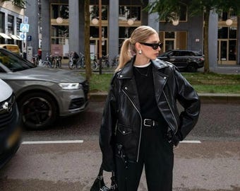 Oversized Biker Jacket Vintage Biker Style Women Leather Jackets Gift For Her