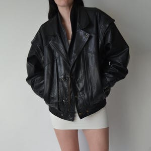 Vintage 90s Oversized Biker Leather Jacket: Genuine Soft Leather